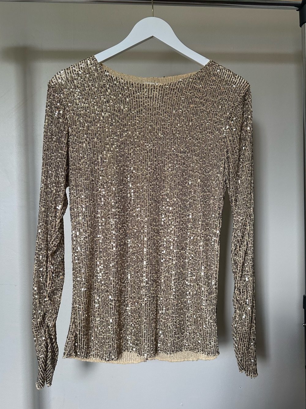 Free People Long Sleeve Sequin Tee in Champagne Gold